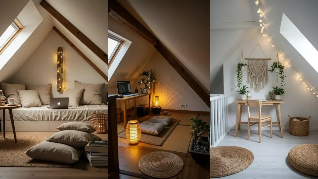 Rincones de ático bohemio con luces de feria, oficinas en casa y zonas de lectura acogedoras.