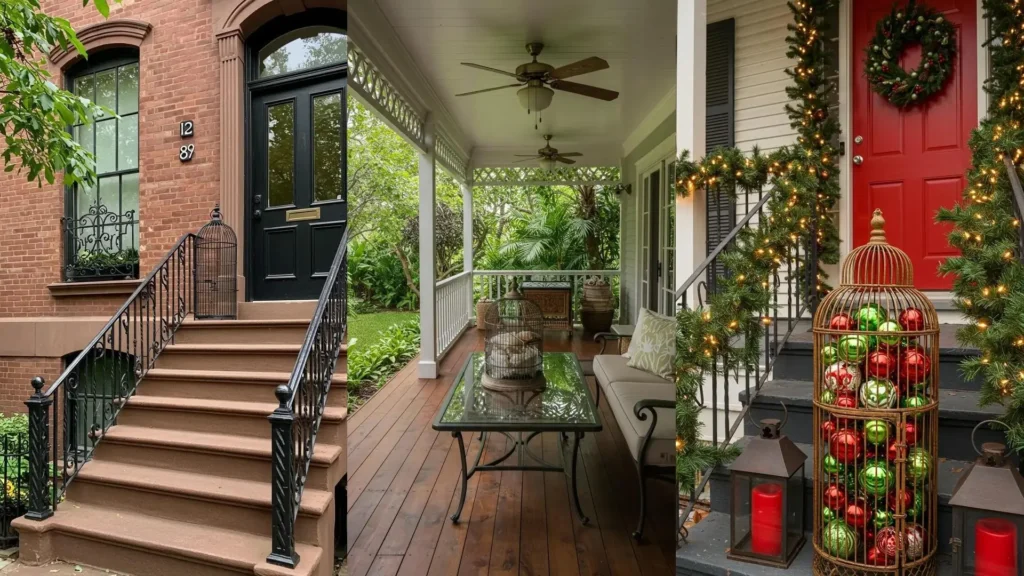 Ideas de decoración de porches: jaulas antiguas y barandales de hierro forjado en entradas y espacios exteriores.