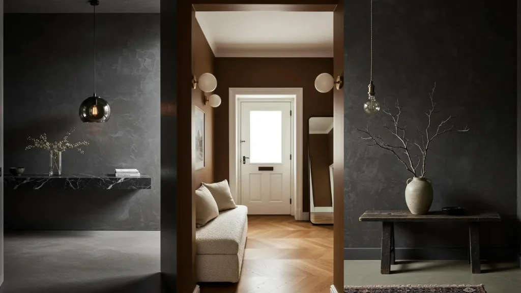 Hall de entrada en tonos oscuros con lámparas modernas, mesa flotante de mármol y banco, reflejando elegancia y personalidad.