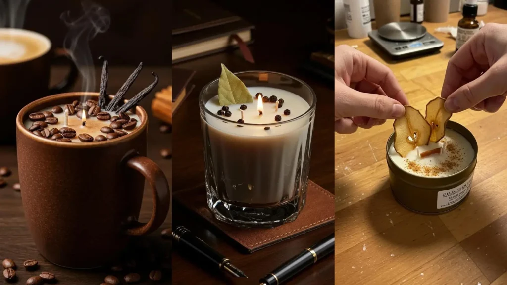 Velas caseras con frutas secas como peras y especias aromáticas de vainilla y café, perfectas para decoración DIY.