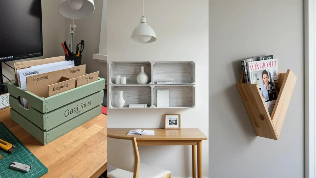 Ideas creativas para reutilizar cajas de vino como organizadores de oficina: archivador verde, estantes de pared y revistero.