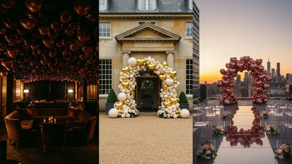 Bodas con estilo: Globos metálicos en forma de corazón adornan techos, entradas y azoteas al atardecer.