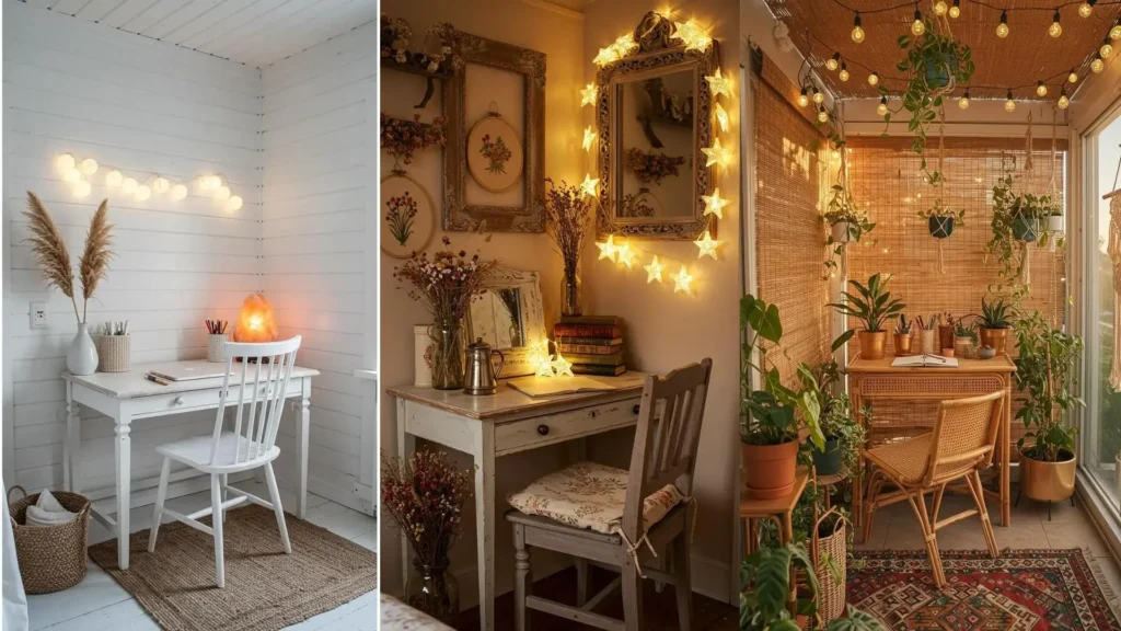 Tres rincones de escritura acogedores con luz cálida y elementos de madera natural, perfectos para inspiración.
