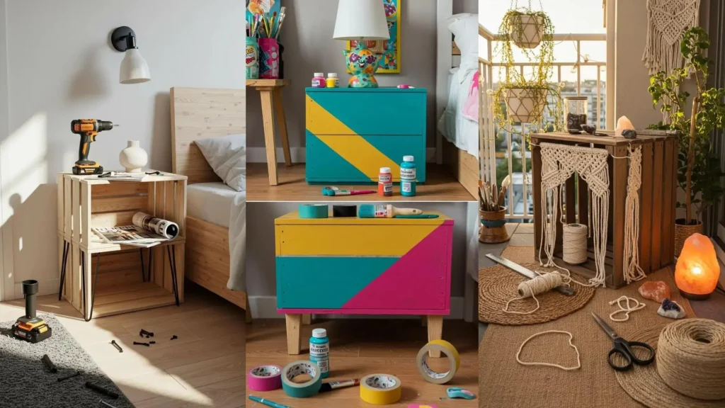 Diversos proyectos de bricolaje que transforman cajas de madera en creativas mesas de noche con pintura y macramé.