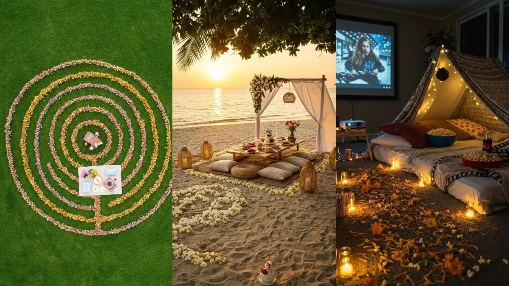 Caminos de pétalos de flores para cumpleaños románticos: un picnic, cena en la playa al atardecer o una noche de cine.