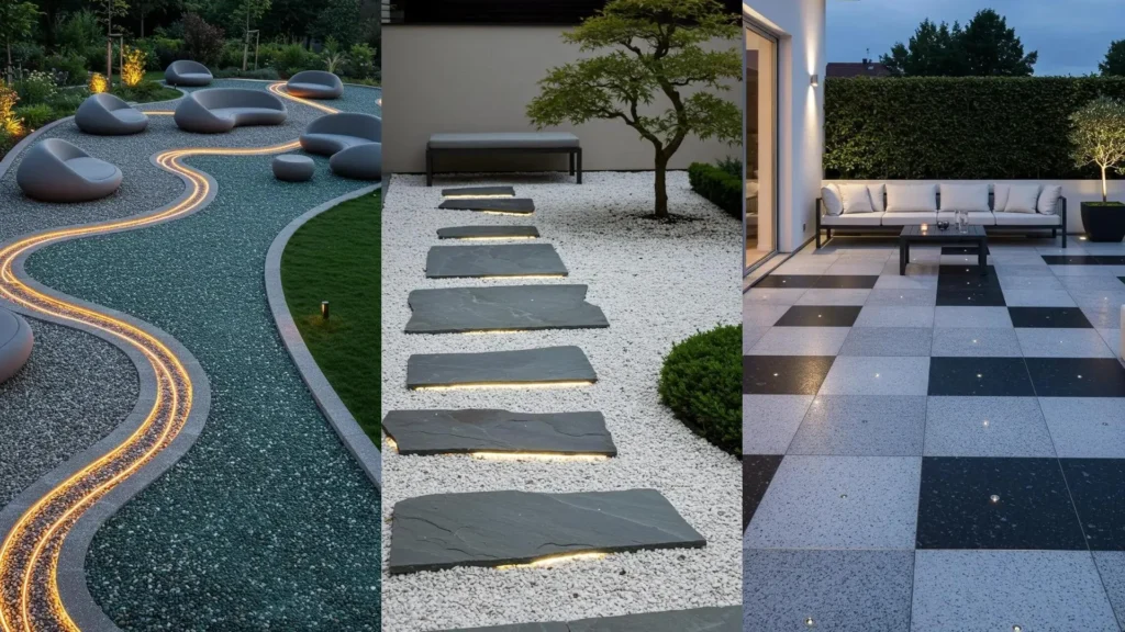 Patios modernos con iluminación LED empotrada: caminos de grava, losas y zonas de estar al aire libre.