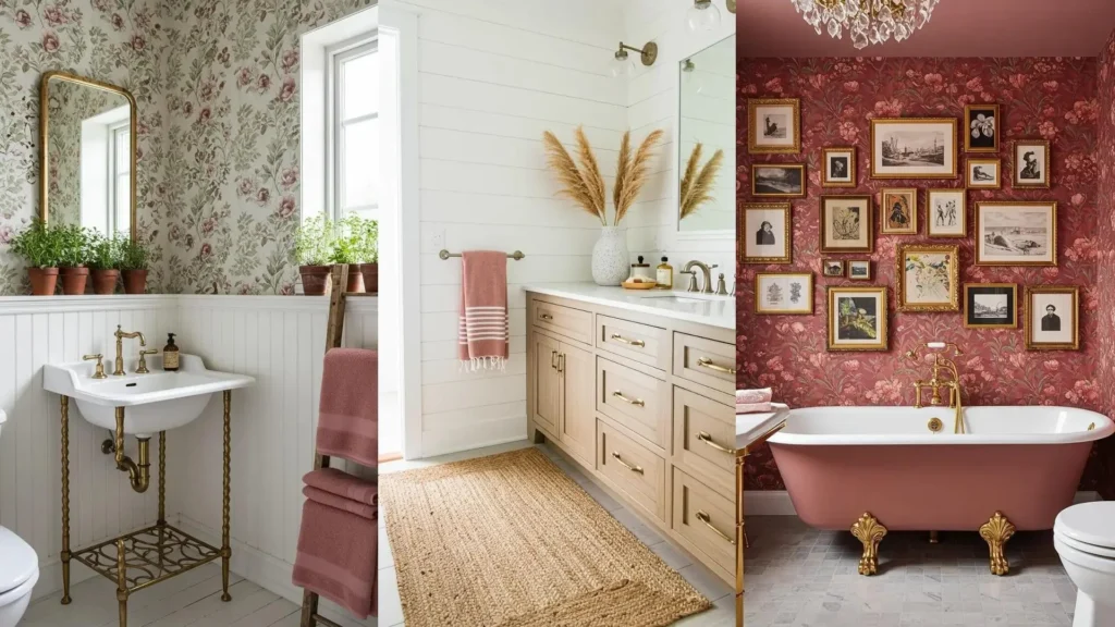 Una colección de baños femeninos con toques de rosa empolvado y detalles dorados en bañeras, lavabos y accesorios.