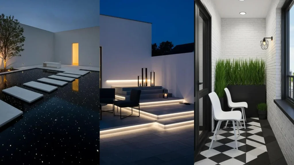 Patios minimalistas en blanco y negro con líneas geométricas: pasarela de piedra, escaleras con luces y balcón con suelo de ajedrez.