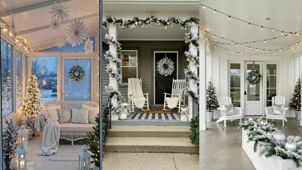 Tres porches navideños blancos como la nieve con guirnaldas, coronas y luces frías para inspirar tu decoración.