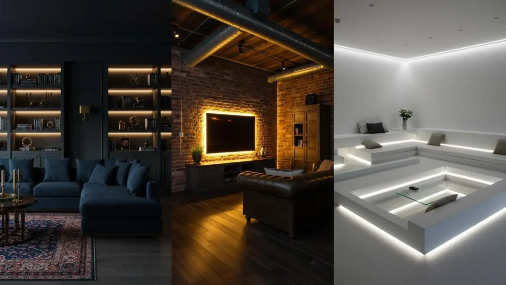 Salas de estar con iluminación LED moderna y ambiental: estanterías, TV retroiluminada y diseño minimalista para renovar tu espacio.