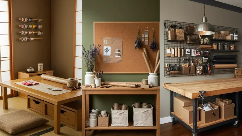 Ideas para transformar rincones: una estación de envoltura de regalos con estilo, llena de papel, cintas y accesorios organizados.