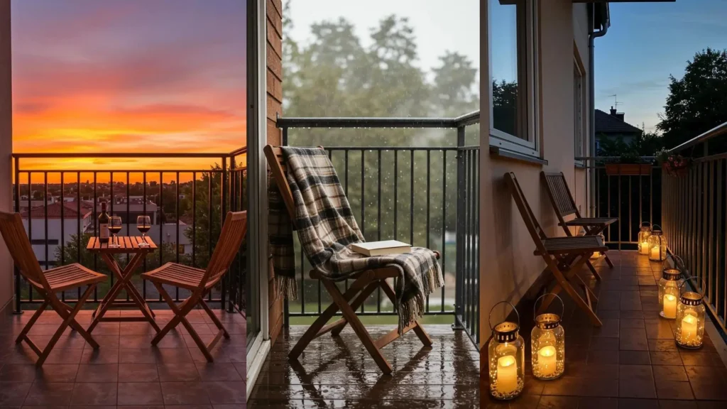 Balcones pequeños con muebles plegables de madera natural: sillas y mesas para disfrutar al atardecer, lluvia o noche.