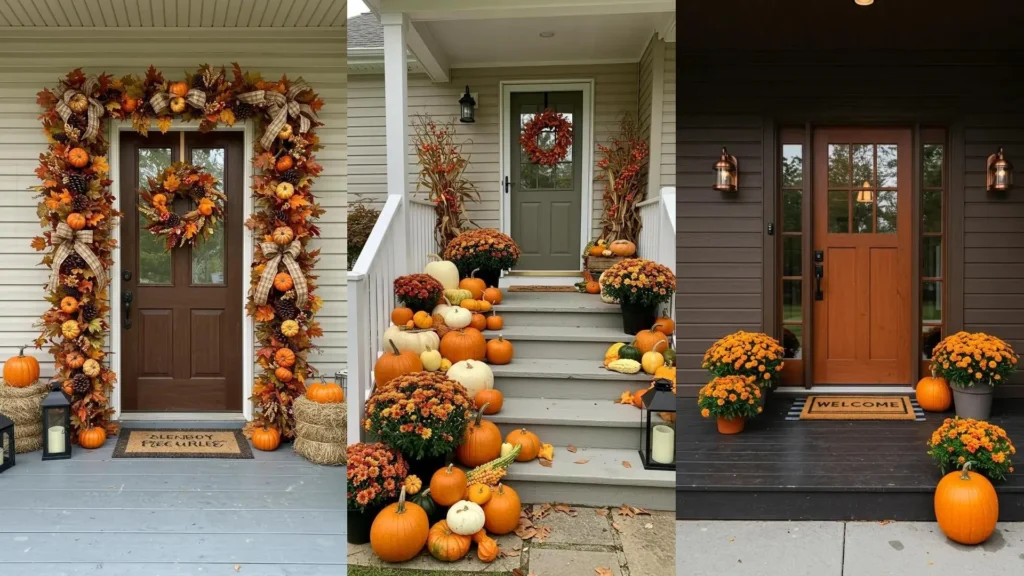 Hermosos porches otoñales con decoración en naranja, marrón y dorado: calabazas, guirnaldas y flores de temporada.