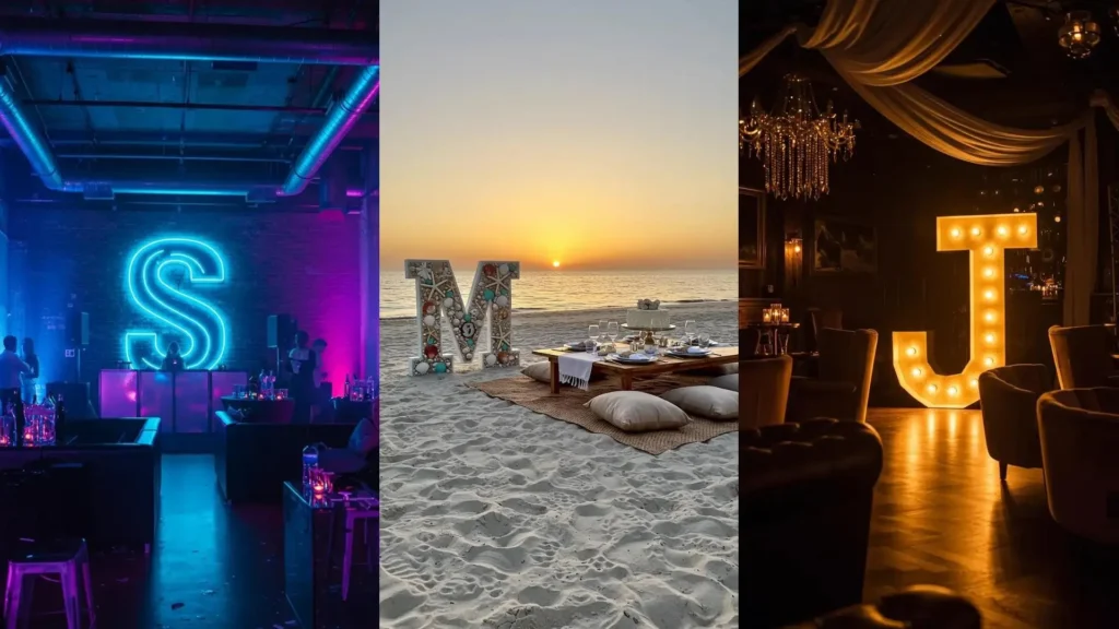 Variedad de iniciales gigantes iluminadas, como la S de neón, M en la playa y J elegante, para cumpleaños festejados.