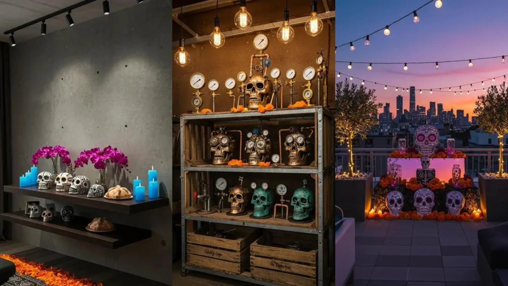 Ofrenda de Día de Muertos con calaveras decoradas en colores vivos y flores bajo luces festivas al atardecer.