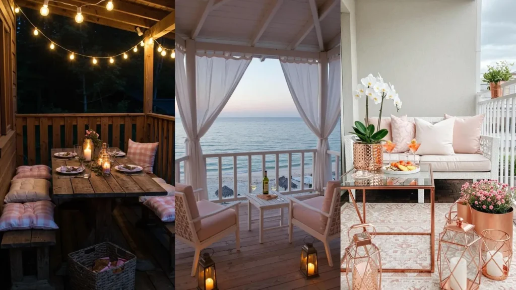 Cenas íntimas en balcones románticos: decoración con tonos rosas y blancos, luces cálidas y velas para una noche especial.
