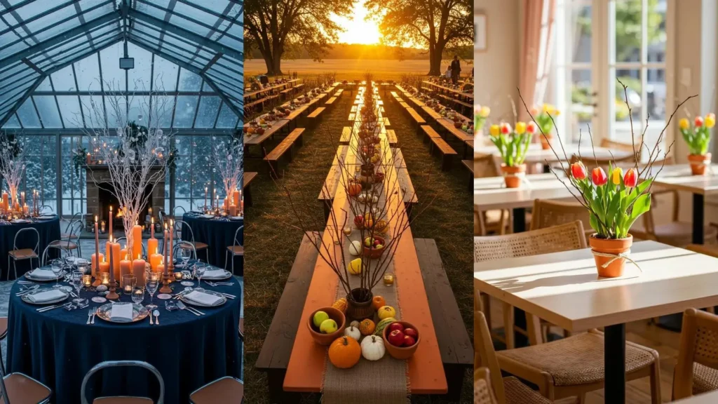 Centros de mesa festivos con ramas secas, velas en tonos terracota y calabazas, perfectos para decoración de temporada.