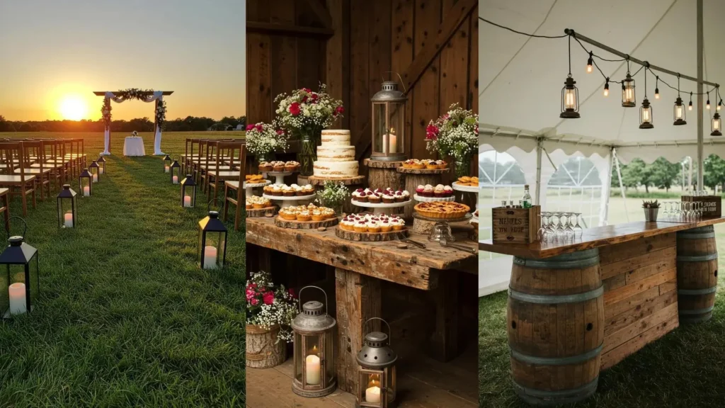 Faroles rústicos iluminan una boda de campo al atardecer, decorando la ceremonia, mesa de postres y barra.