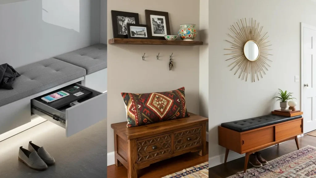 Ideas de bancos con almacenamiento para entradas pequeñas: moderno, rústico y mid-century con detalles decorativos.