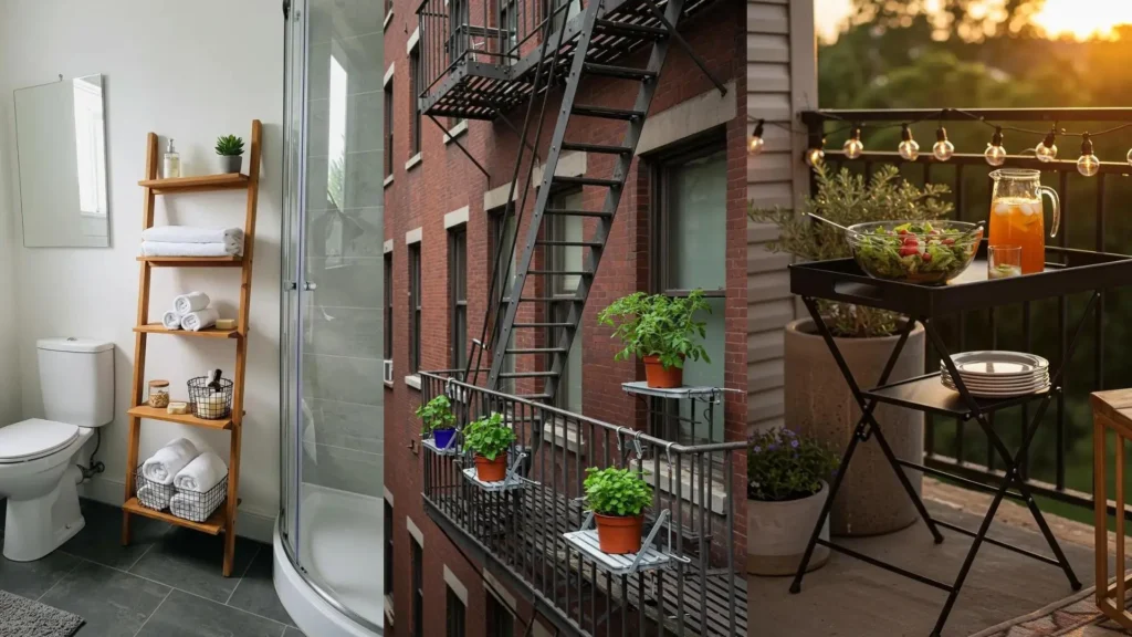 Estanterías plegables y versátiles para baño, balcón con plantas y una mesa de exterior, perfectas para cualquier rincón pequeño.