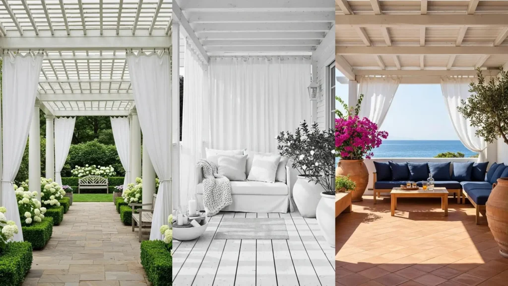 Patios elegantes con pérgolas blancas, cortinas de lino vaporoso y diferentes ambientes: jardín y vistas al mar.
