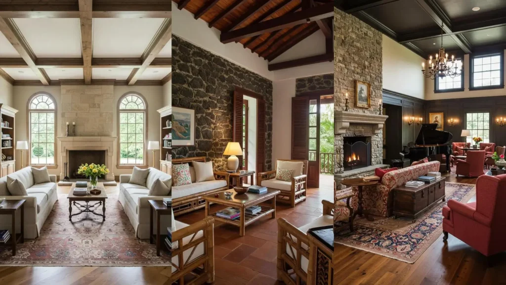 Salones coloniales con muros de piedra y madera antigua. Inspiración para diseño y decoración elegante.