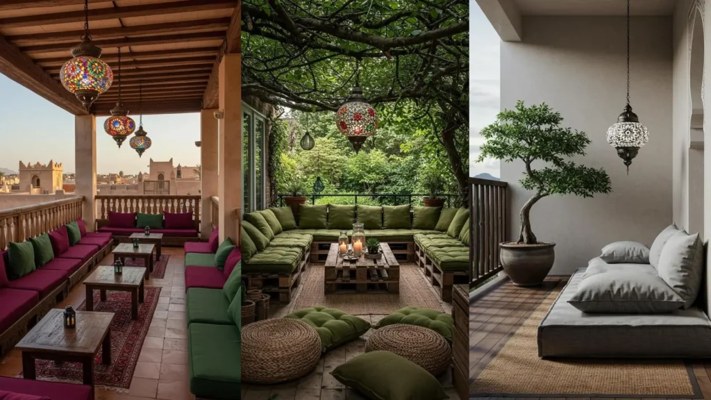 Balcones de estilo árabe con vibrantes lámparas de mosaico colgantes y cojines mullidos para un ambiente relajante.