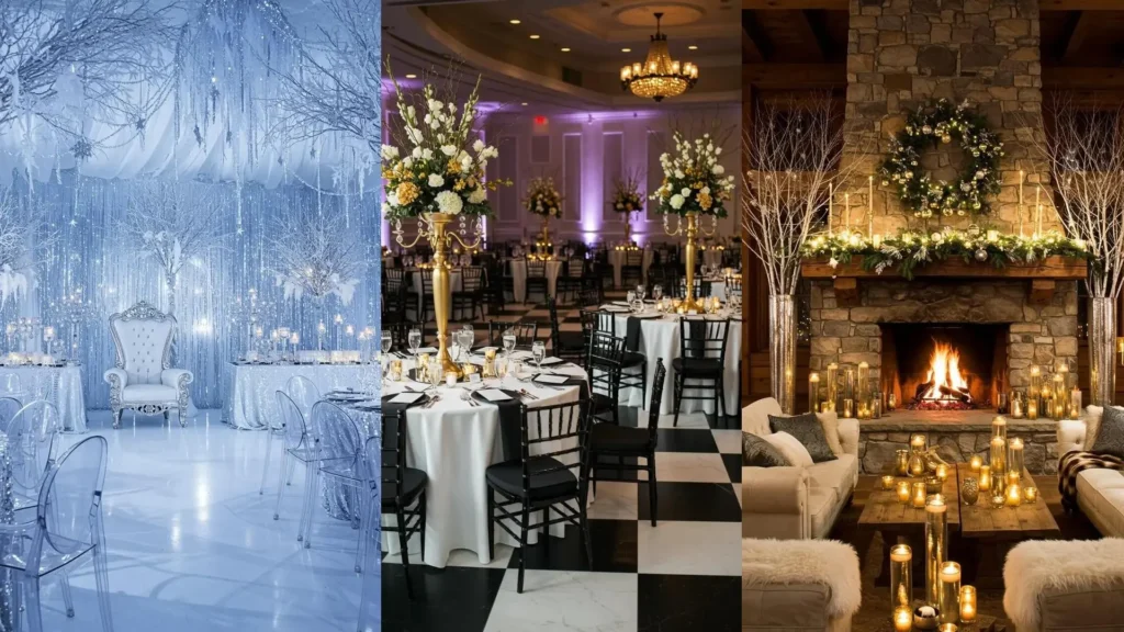 Elegantes decoraciones de Año Nuevo en dorado y plateado: mesas festivas, candelabros dorados y un rincón acogedor con chimenea.