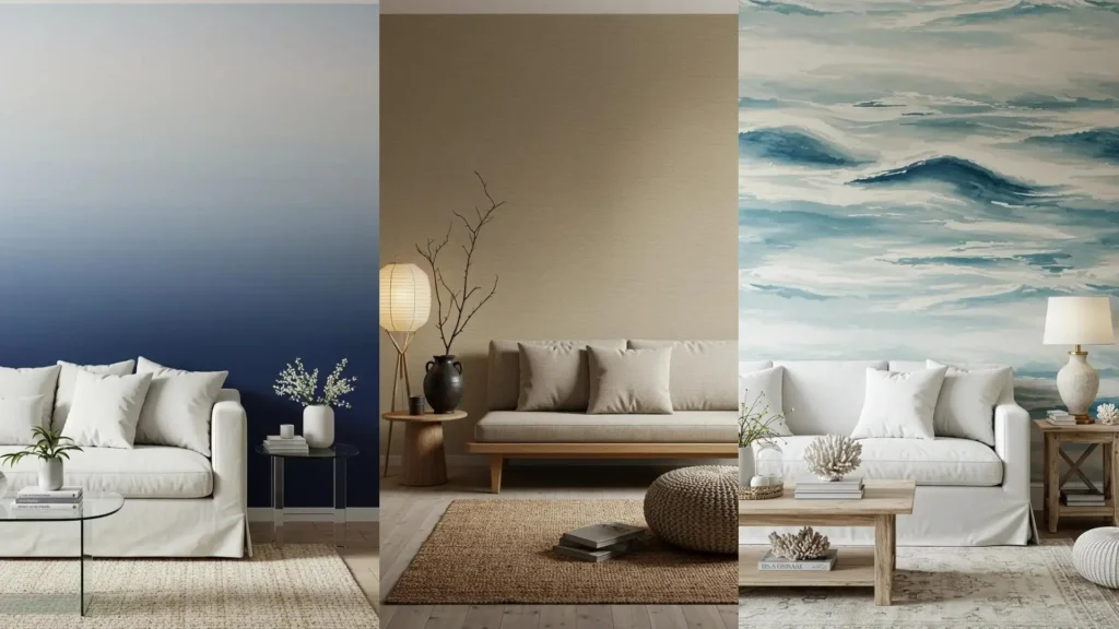 Varias salas de estar con diferentes papeles tapiz: degradado azul, textura beige y ondas marinas. Ideas de decoración con papel tapiz impactante.