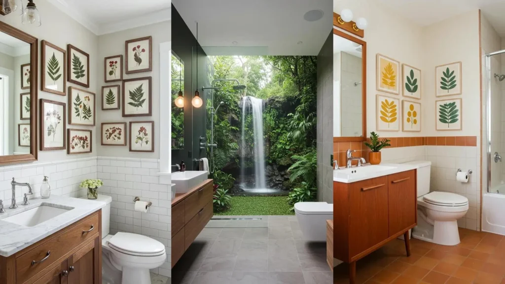 Tres baños con decoración botánica: cuadros de plantas, flores y hojas enmarcadas, y un espectacular mural de cascada.