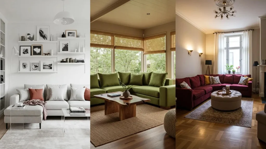 Salas pequeñas con sofás esquineros, optimización de espacio. Tres ejemplos de decoración moderna y funcional.