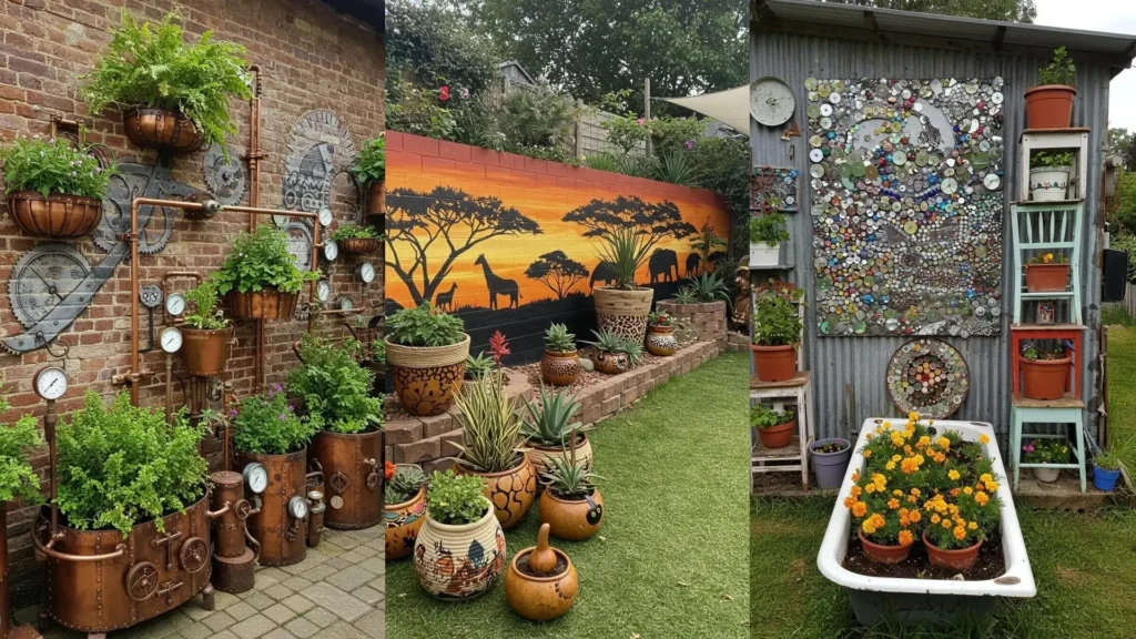 Jardines artísticos con murales vibrantes, macetas creativas y diseños únicos para la decoración de exteriores.