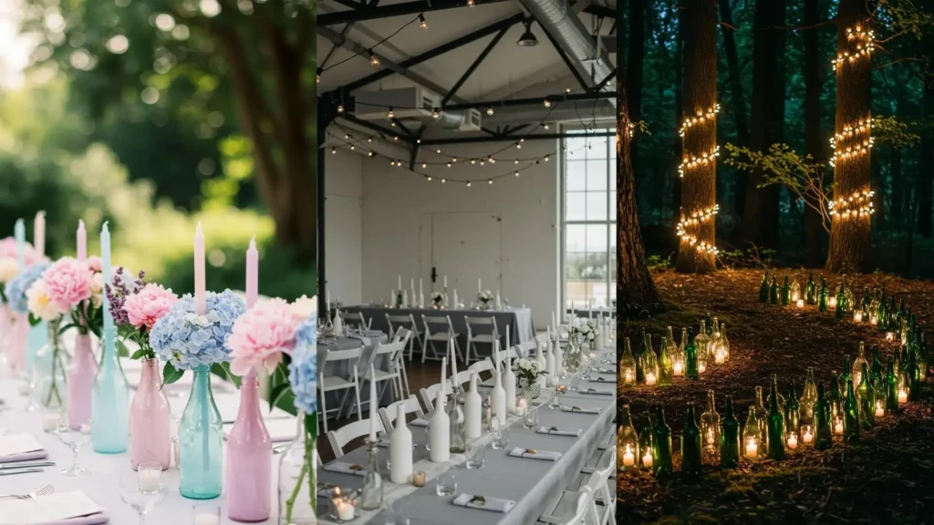 Portavelas DIY con botellas recicladas iluminando un camino en el bosque para una boda mágica.