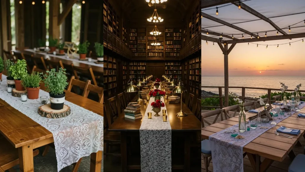 Mesa rústica decorada con un camino de mesa de encaje blanco y plantas en macetas para una boda romántica.