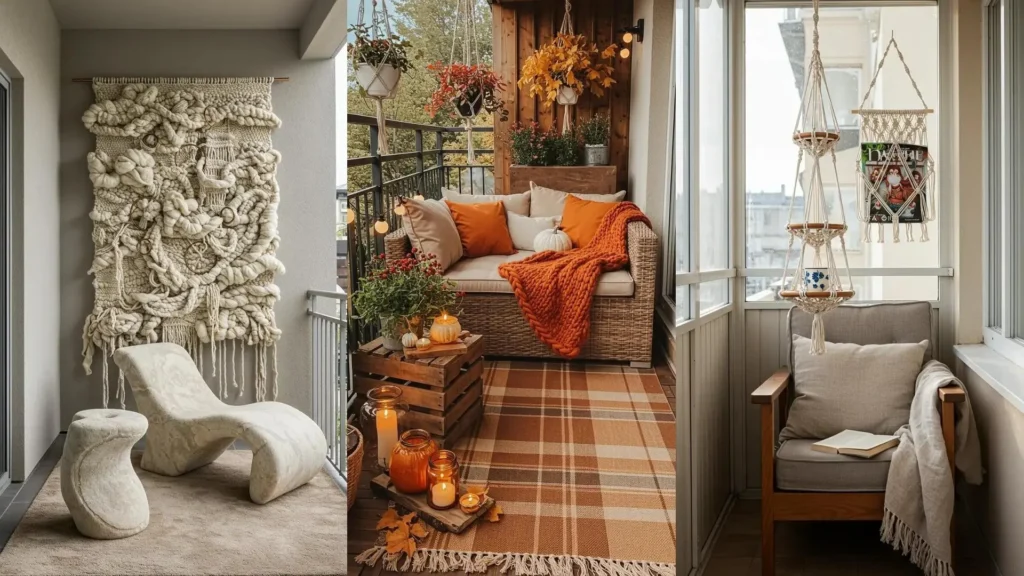 Balcones acogedores decorados con macramé, tapices y textiles artesanales que crean un ambiente cálido y lleno de estilo.