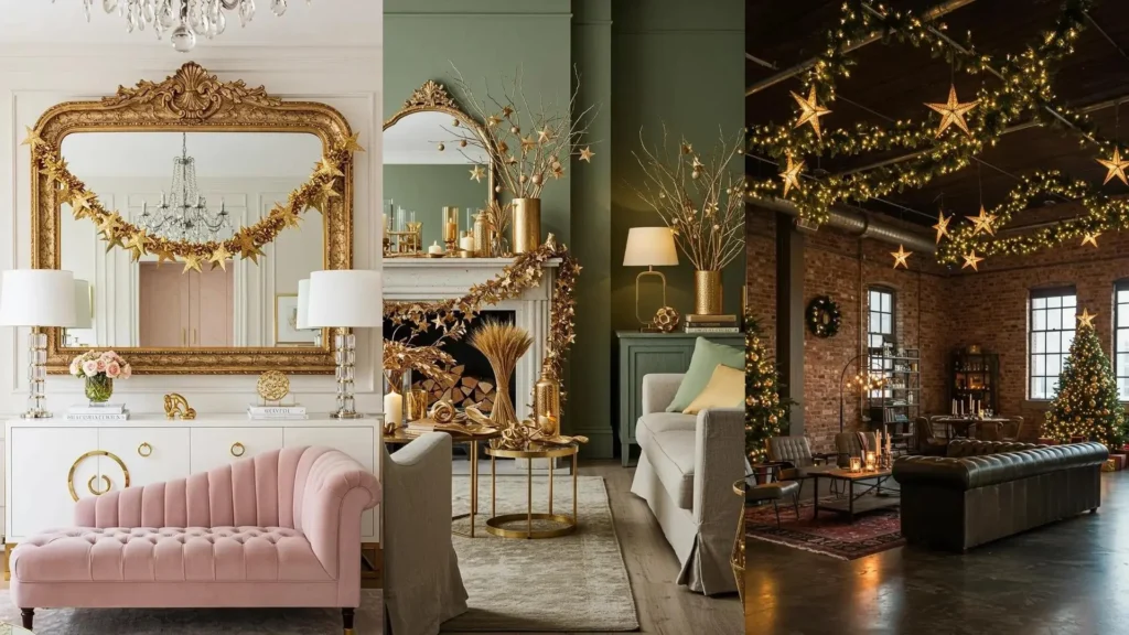 Salones decorados festivamente con guirnaldas de estrellas doradas, espejos ornamentados y luces cálidas para crear un ambiente acogedor.