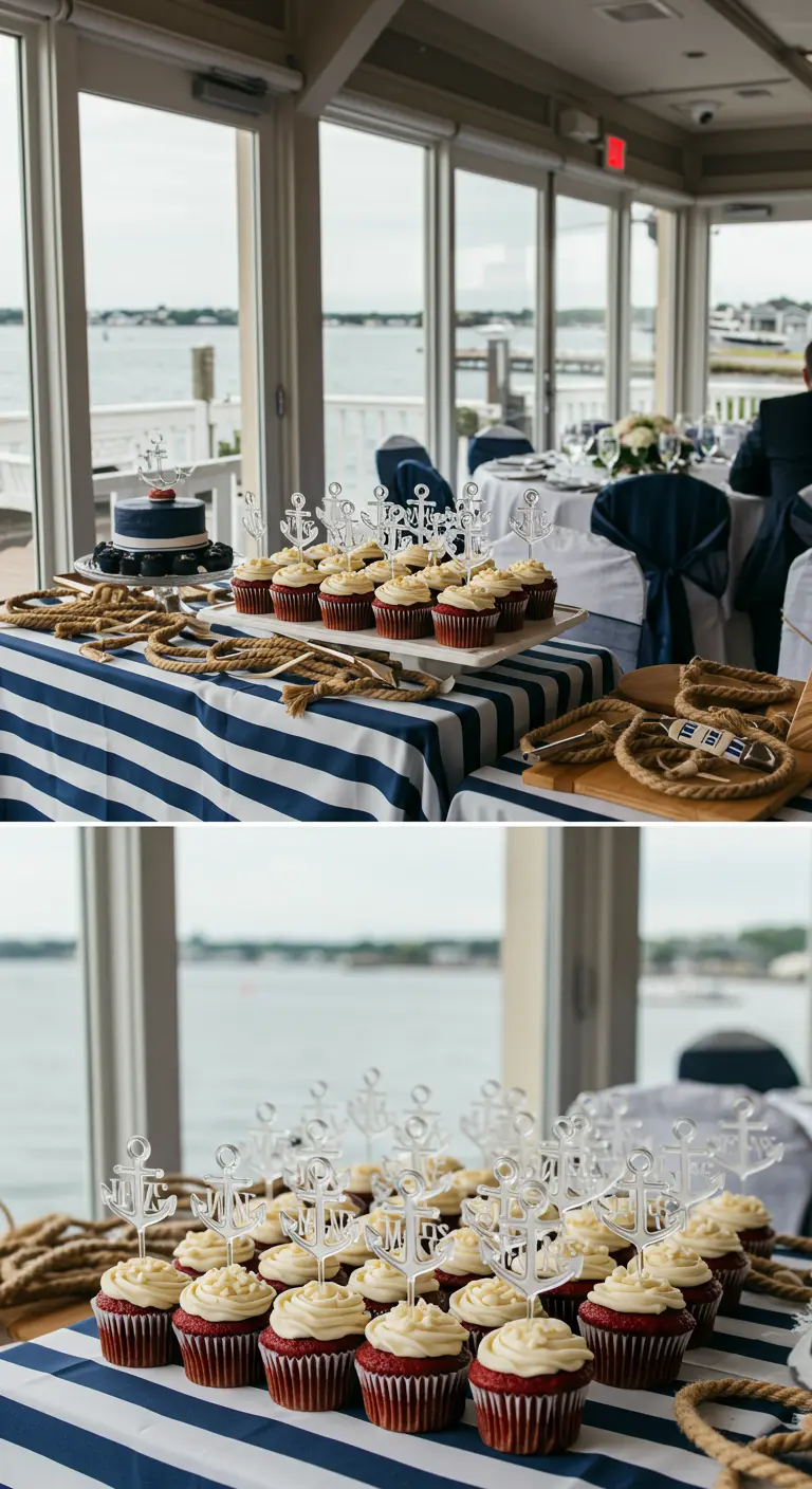Cupcakes con toppers de anclas sobre una mesa con mantel de rayas marineras y cuerdas.