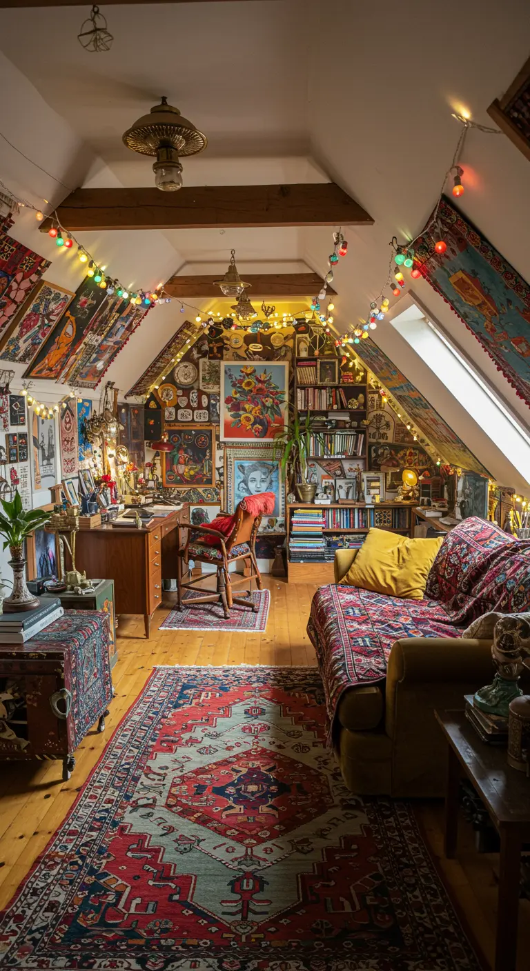 Ático bohemio maximalista lleno de colores, carteles, textiles y luces de feria multicolores.