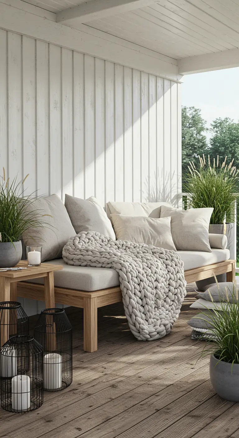 Patio de madera de estilo nórdico con sofá, cojines neutros y una manta de punto grueso.