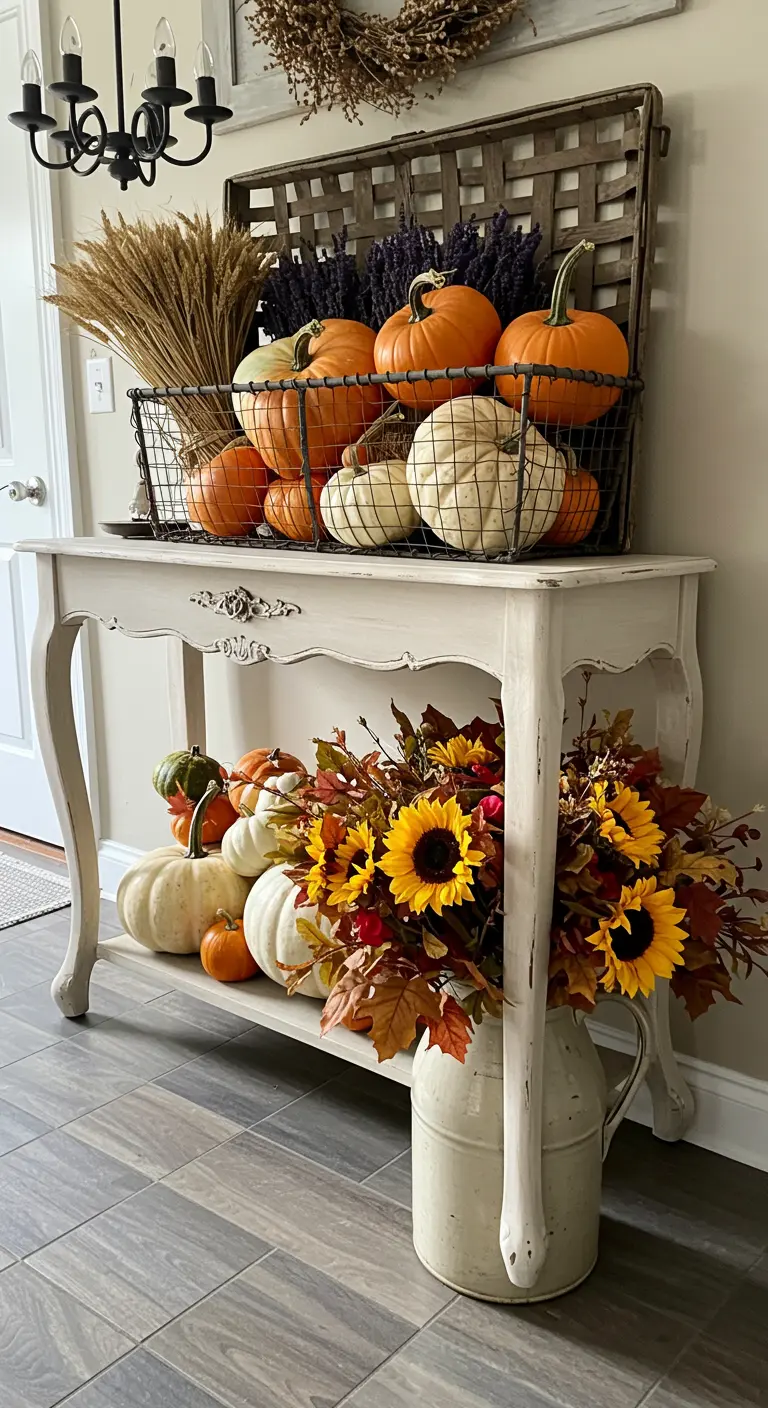 Consola de estilo campestre con una cesta llena de calabazas y una lechera con girasoles.