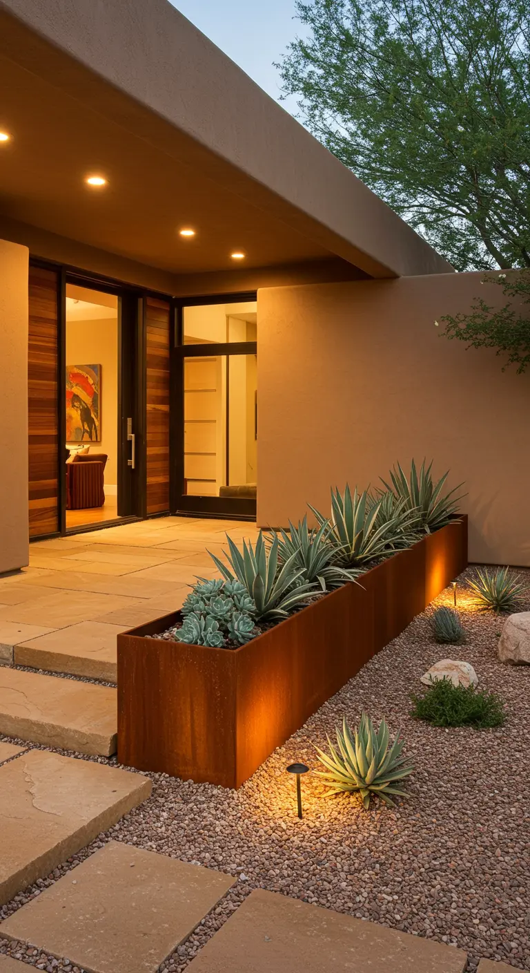 Jardinera alargada de acero corten con agaves, iluminada por focos en un jardín de grava