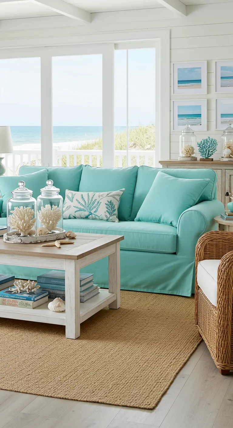 Sofá aguamarina en una sala de estar de estilo costero con vistas al mar y decoración marina