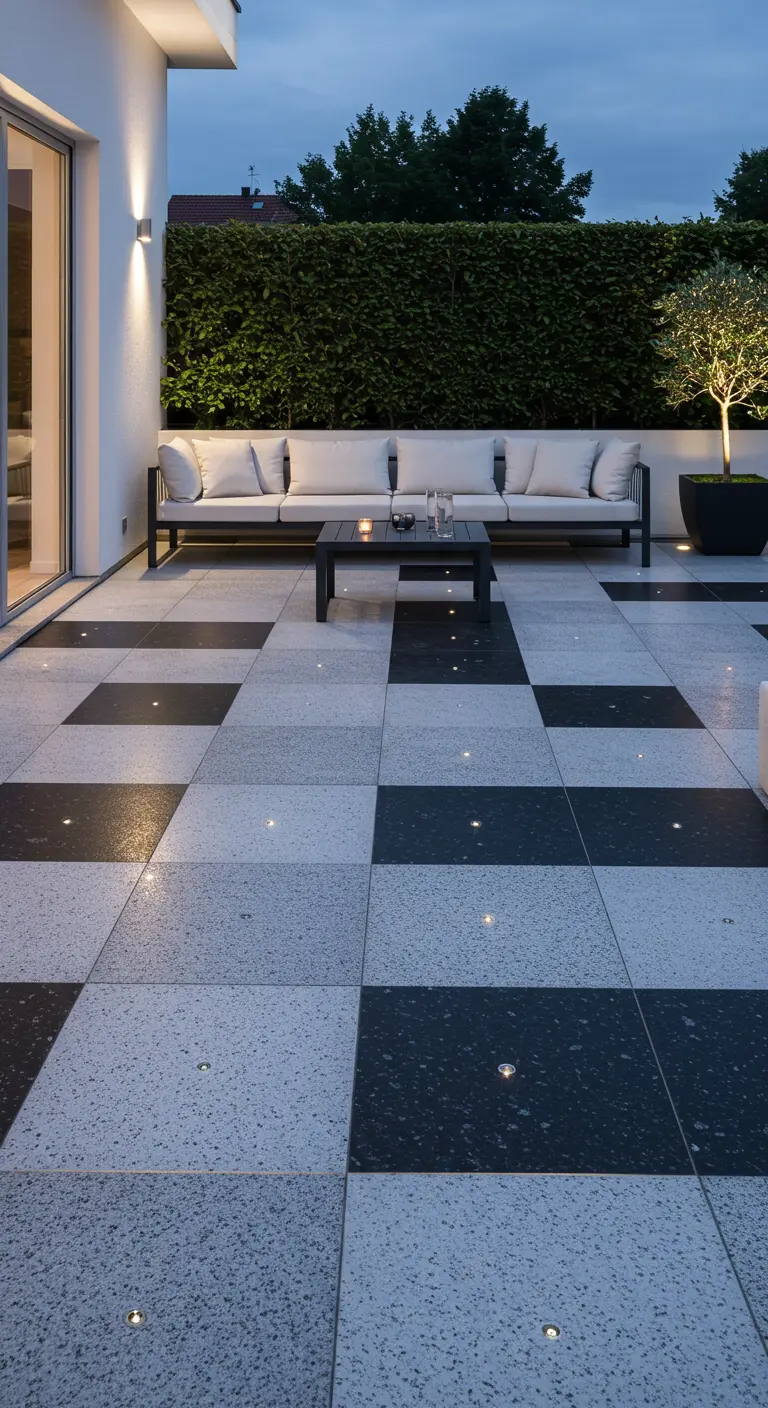 Terraza con un suelo de baldosas de granito en blanco y negro, con pequeños puntos de luz empotrados aleatoriamente