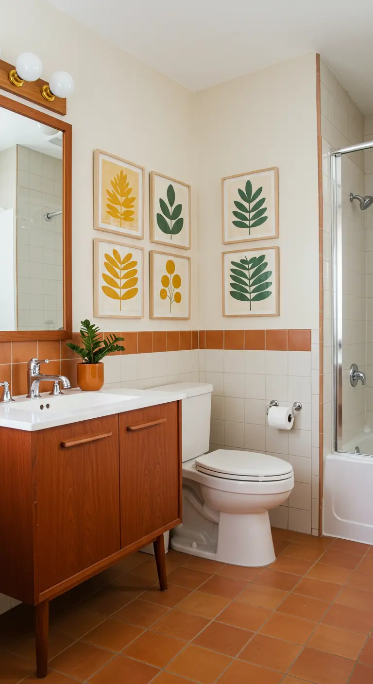 Baño de estilo retro con cuadros de hojas en amarillo y verde y muebles de madera de teca.