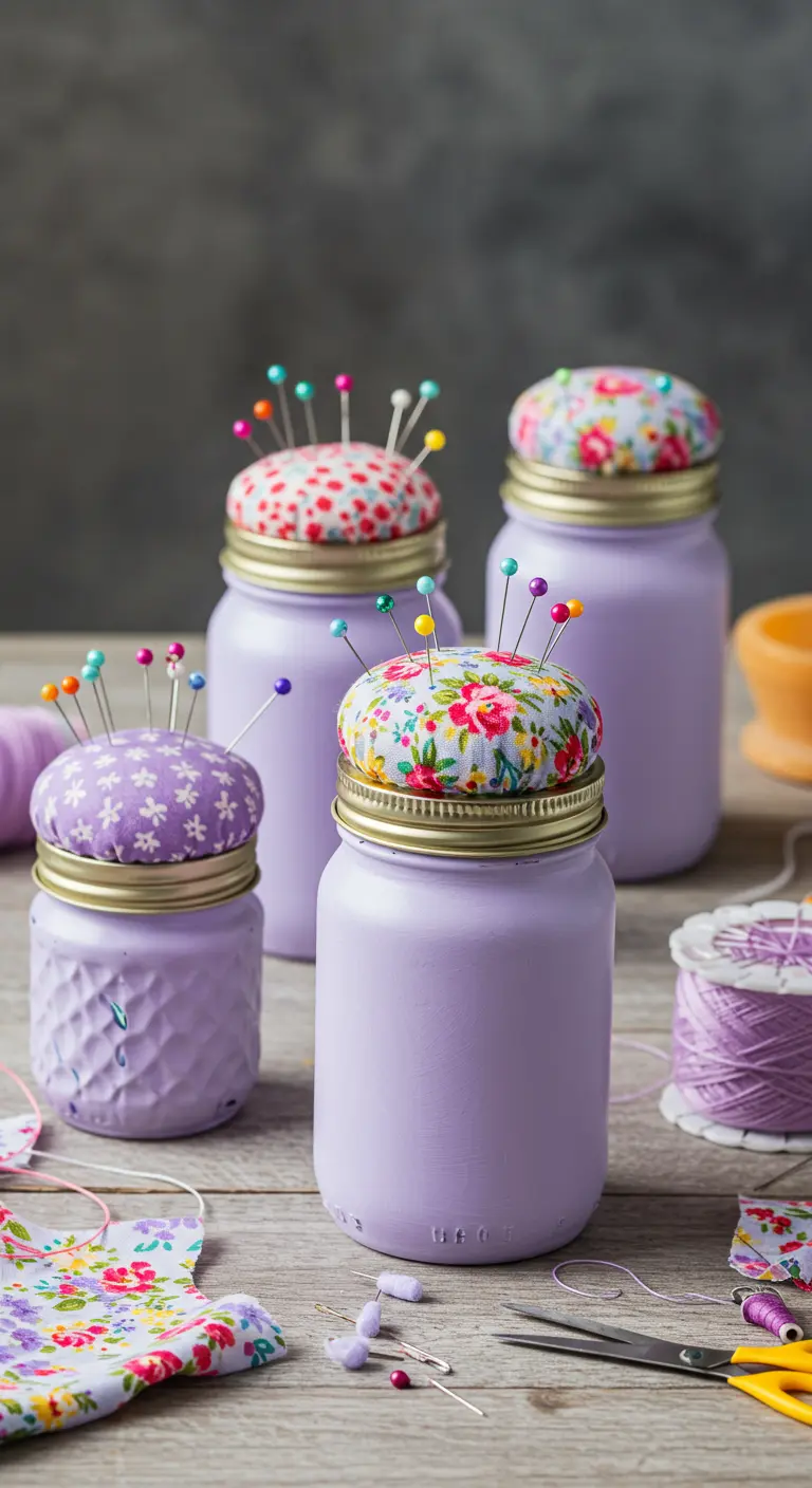 Frascos de color lavanda con tapas convertidas en alfileteros de tela estampada.