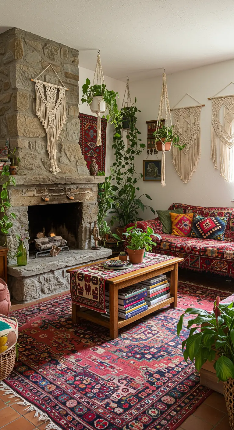 Sala de estar bohemia con chimenea de piedra, tapices de macramé y plantas colgantes.