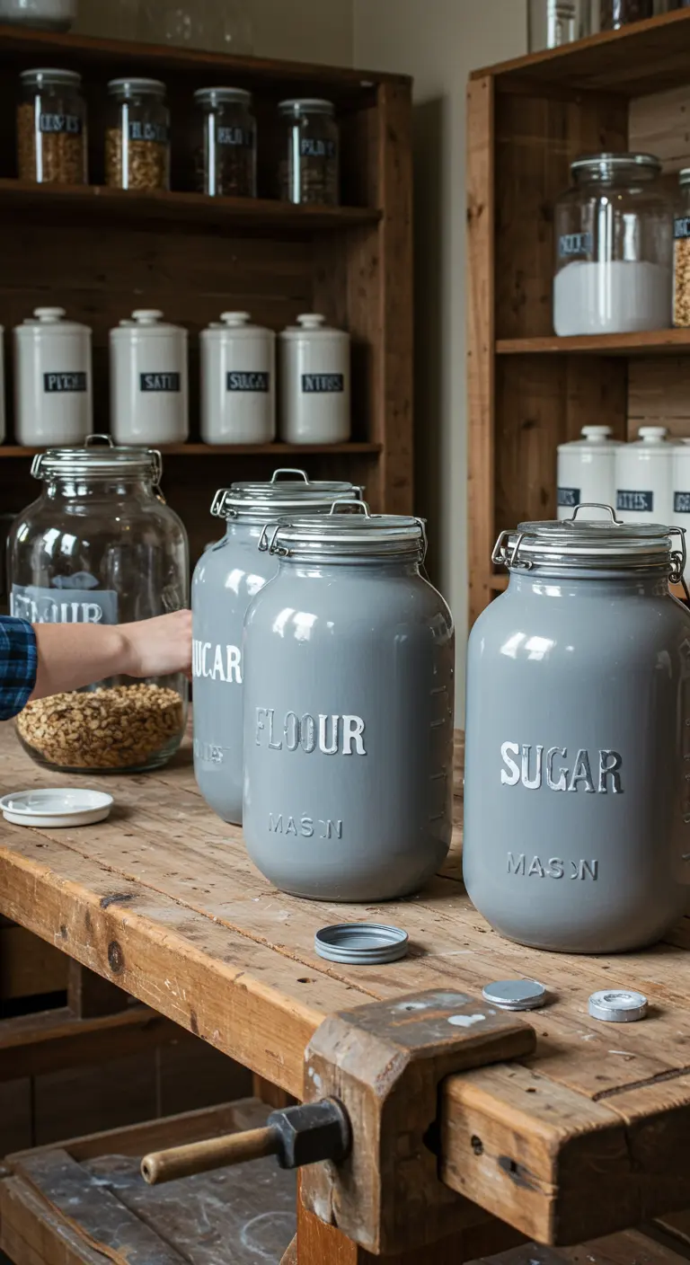 Grandes frascos grises con pintura efecto tiza y letras en relieve para almacenar harina y azúcar.