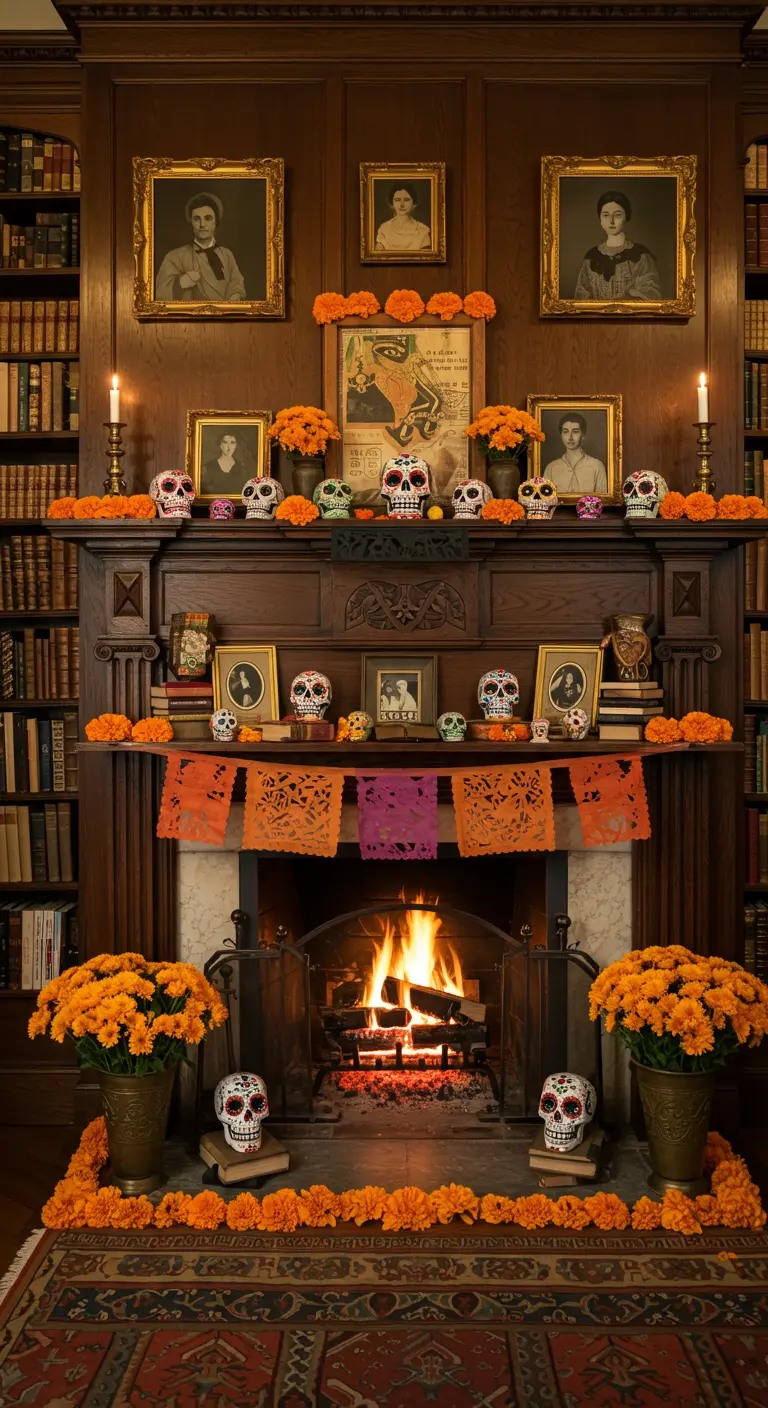 Repisa de chimenea de madera oscura decorada con retratos antiguos y calaveras.