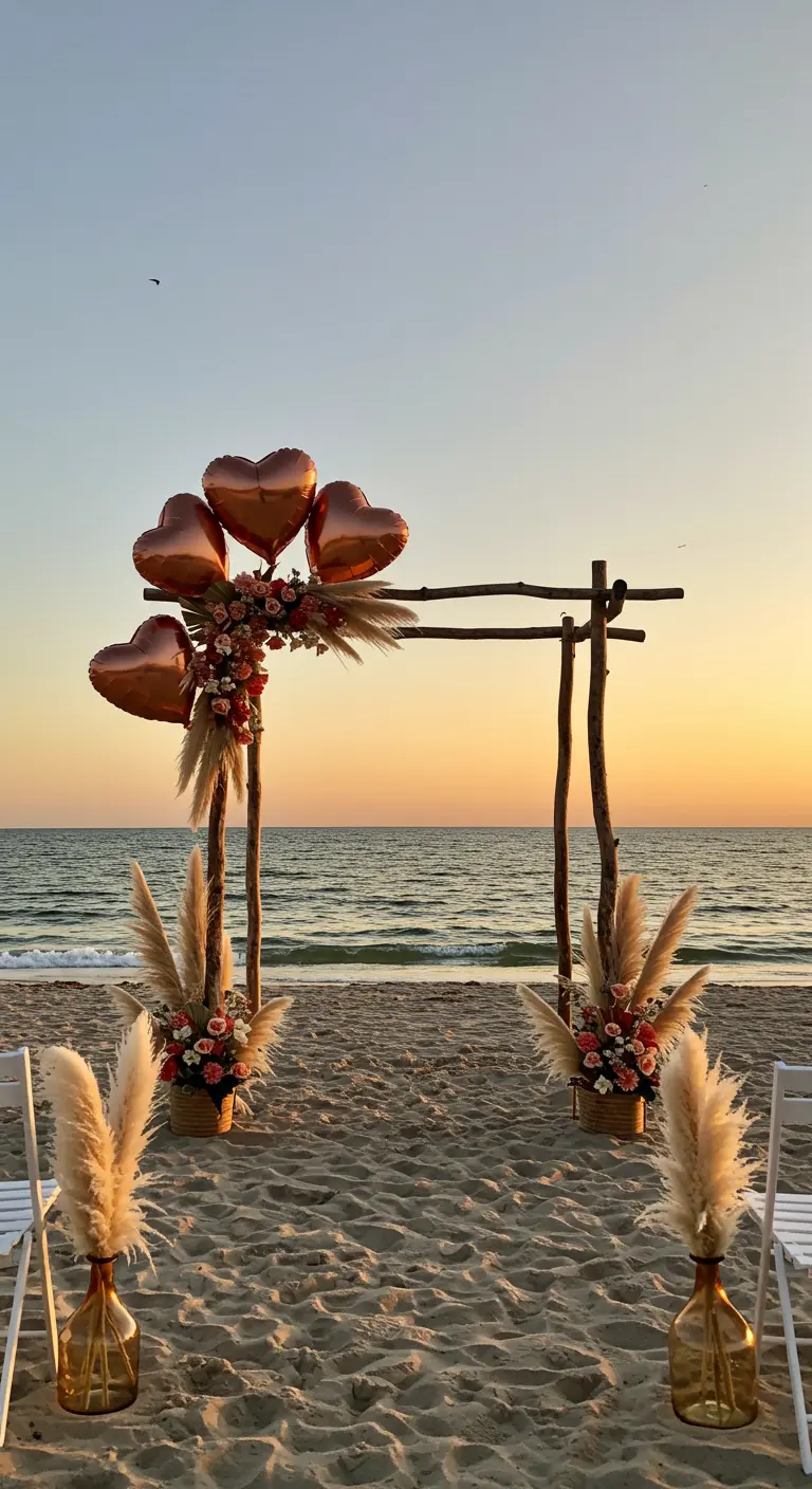 Arco de boda rústico en la playa con globos de corazón y hierba de la pampa.