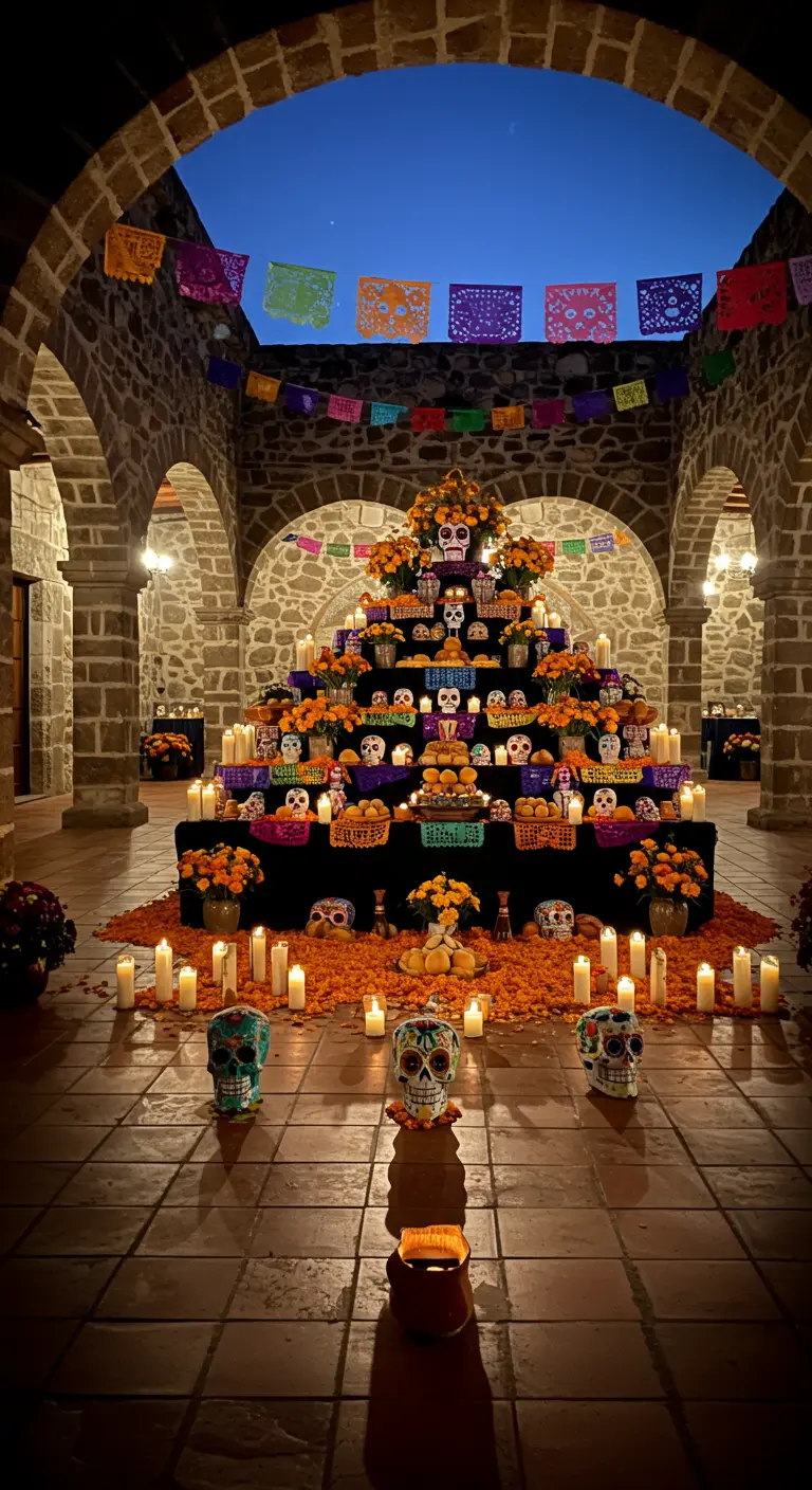 Gran ofrenda de Día de Muertos en un patio de piedra con arcos.